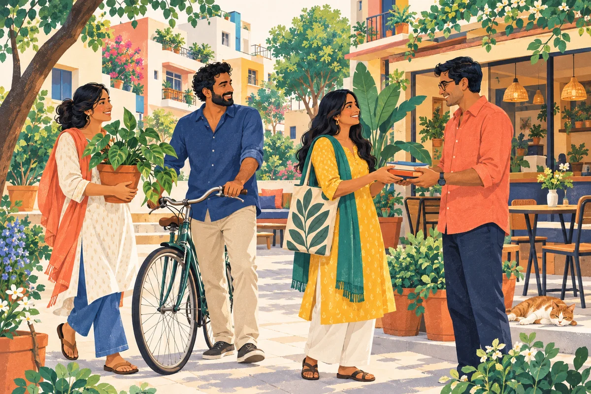 An illustration of neighbors sharing plants and books beside a bicycle in a sunny, leafy courtyard